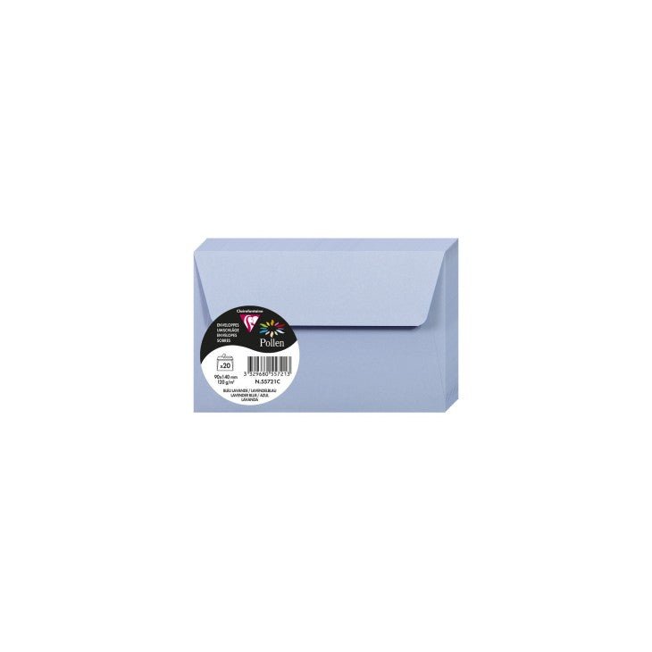 20 enveloppes CLAIREFONTAINE Pollen - 90 x 140 mm - 120 g/m² - Bleu lavande - 3329680557213