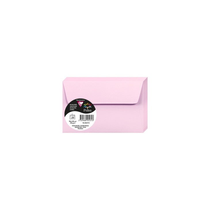 20 enveloppes CLAIREFONTAINE Pollen - 90 x 140 mm - 120 g/m² - Rose dragée - 3329680055313