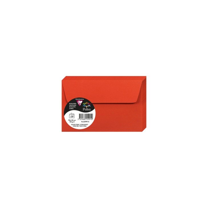 20 enveloppes CLAIREFONTAINE Pollen - 90 x 140 mm - 120 g/m² - Rouge corail - 3329680559910