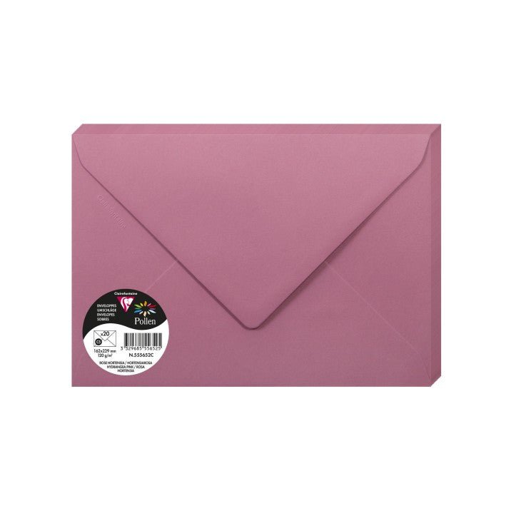 20 enveloppes CLAIREFONTAINE Pollen - C5 (162 x 229 mm) - 120 g/m² - Rose hortensia - 3329685556525