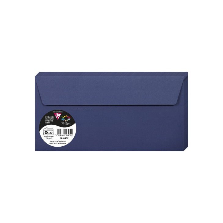 20 enveloppes CLAIREFONTAINE Pollen - DL (110 x 220 mm) - 120 g/m² - Bleu nuit - 3329680564501