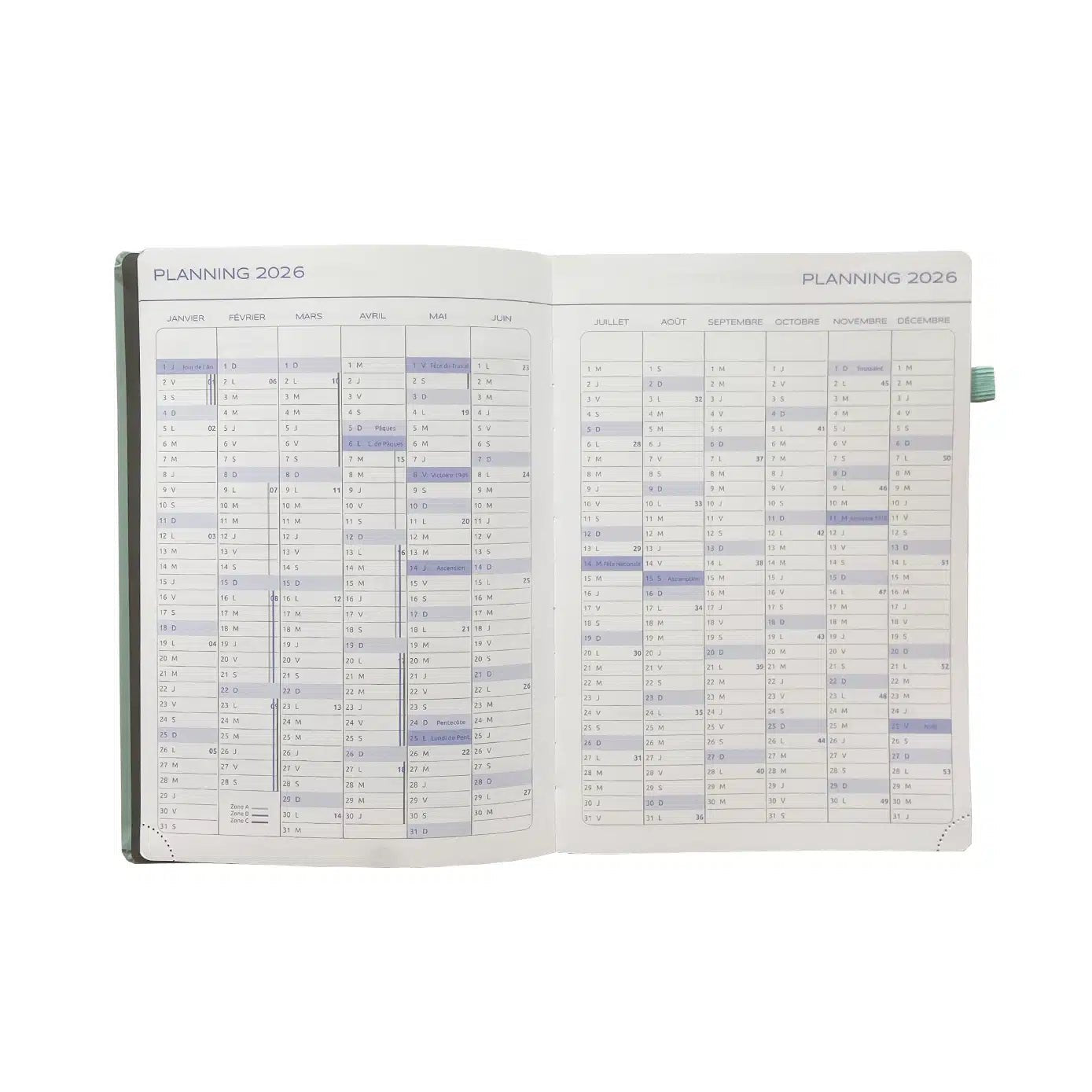 Agenda 2026 ÉPOPÉE Lucie - A5 - 1 semaine sur 2 pages - Orientation verticale - Vert tilleul -