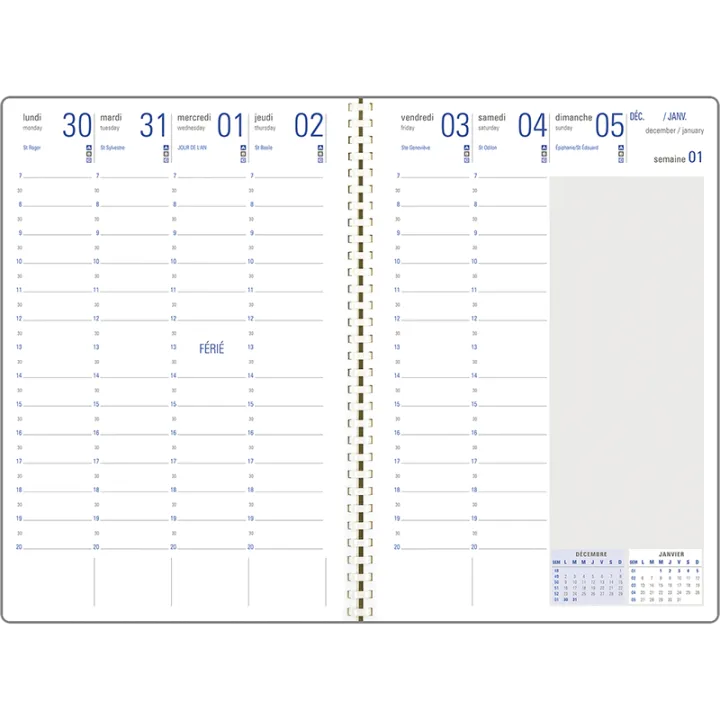 Agenda 2027 OBERTHUR Davos - 16 x 24 cm - 1 semaine sur 2 pages - Orientation verticale - Gris