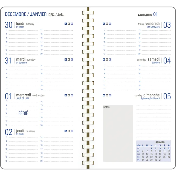 Agenda 2027 OBERTHUR Davos - 9 x 16,5 cm - 1 semaine sur 2 pages - Orientation horizontale - Noir