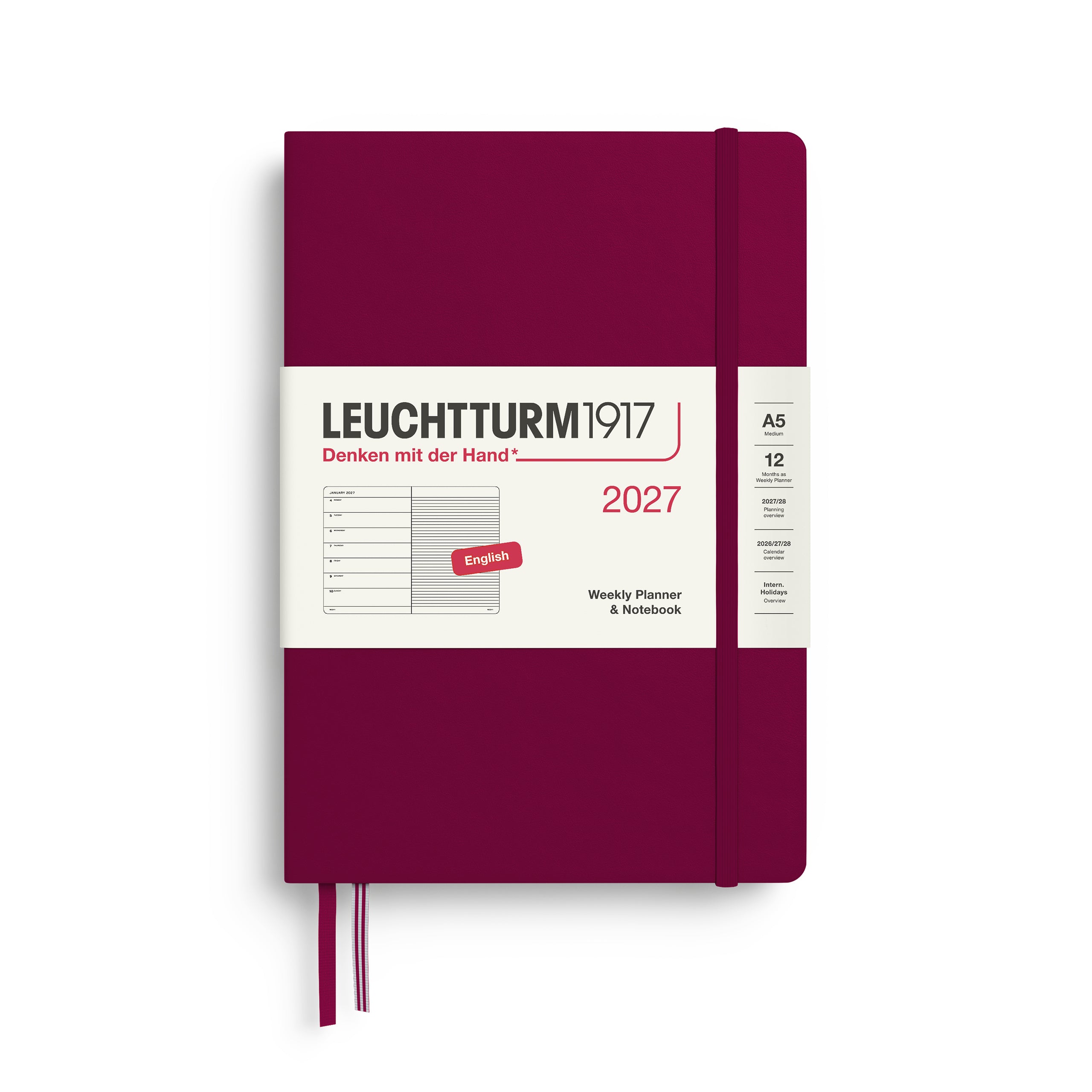 Agenda Semainier & Note Ligné 2027 LEUCHTTURM1917, Anglais - A5 - Hardcover - Port Red