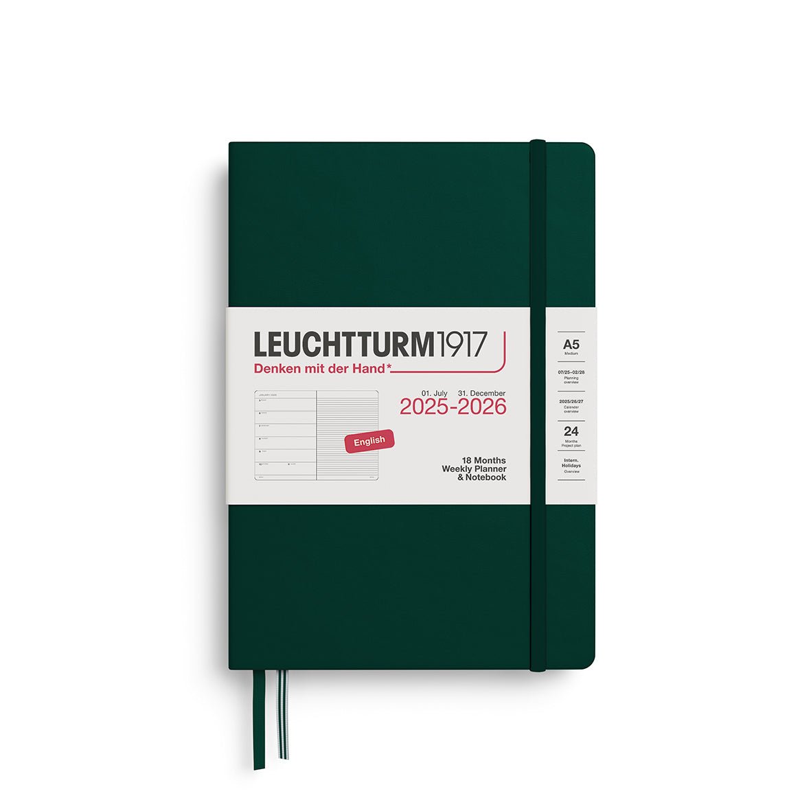 Agenda Semainier & Note Ligné 2025 - 2026 (18 mois) LEUCHTTURM1917, Anglais - A5 - Hardcover - Forest Green - 4004117666995