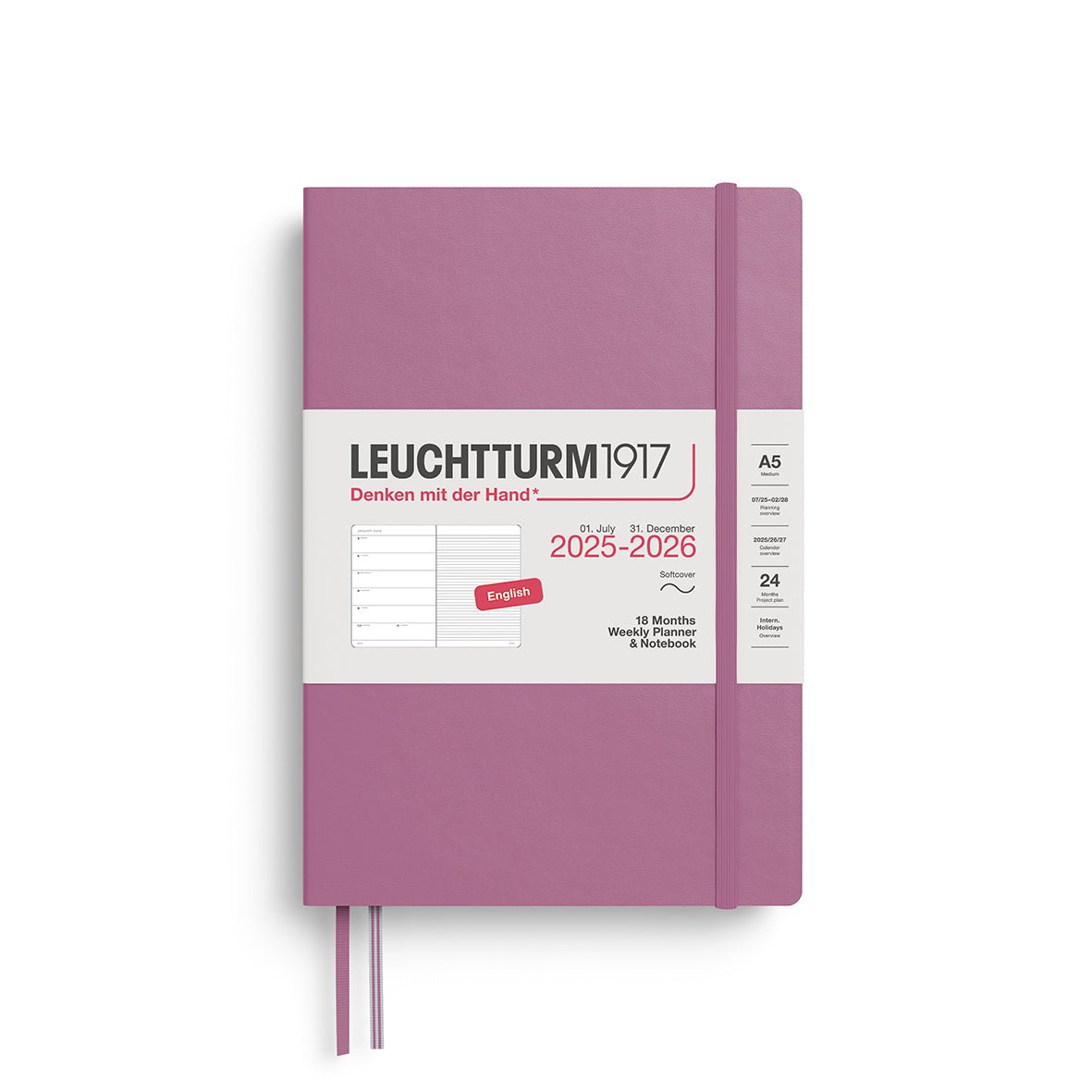 Agenda Semainier & Note Ligné 2025 - 2026 (18 mois) LEUCHTTURM1917, Anglais - A5 - Softcover - Dusty Rose - 4004117665943