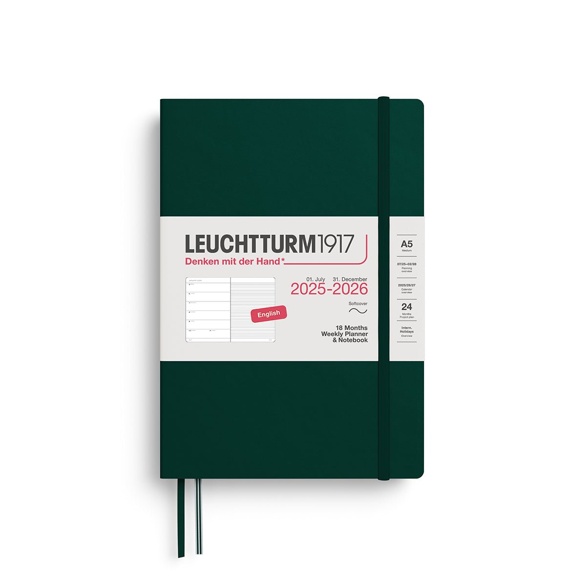 Agenda Semainier & Note Ligné 2025 - 2026 (18 mois) LEUCHTTURM1917, Anglais - A5 - Softcover - Forest Green - 4004117665974