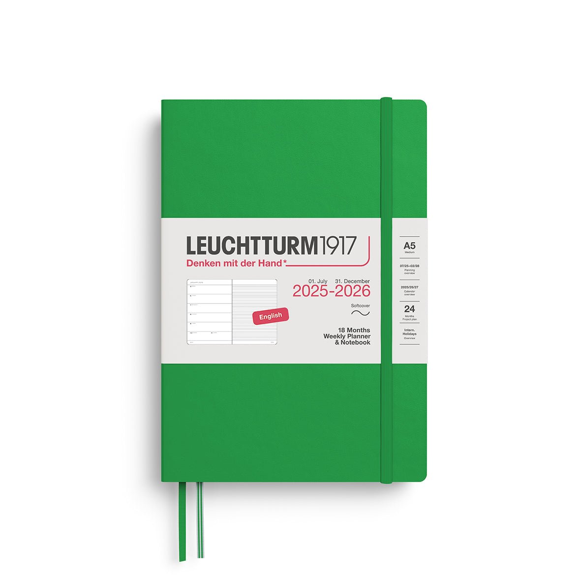 Agenda Semainier & Note Ligné 2025 - 2026 (18 mois) LEUCHTTURM1917, Anglais - A5 - Softcover - Spring Leaf - 4004117665967