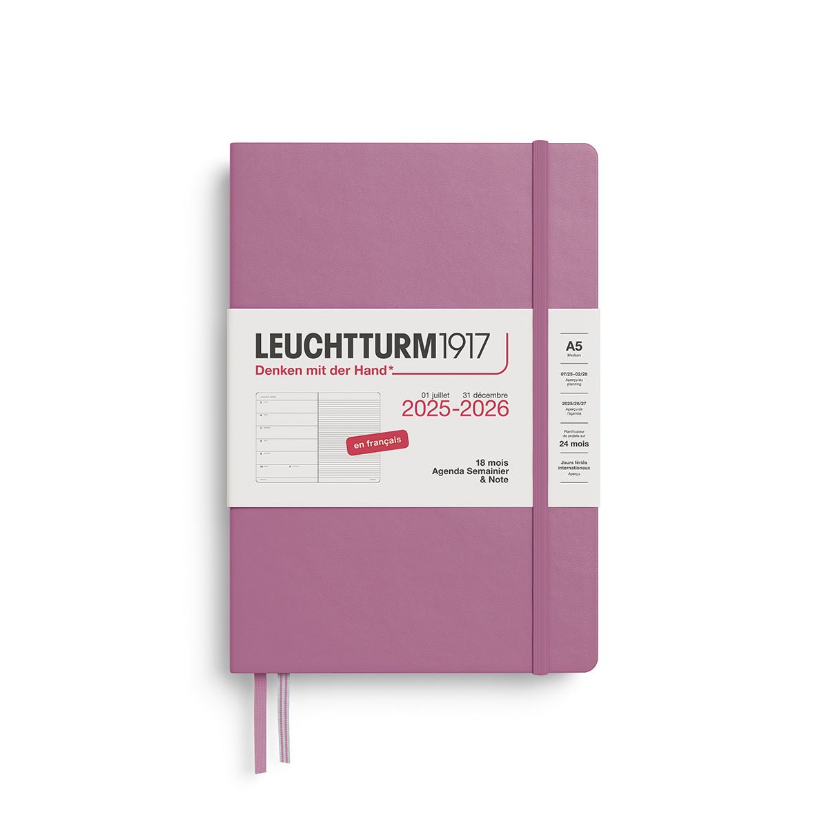 Agenda Semainier & Note Ligné 2025 - 2026 (18 mois) LEUCHTTURM1917, Français - A5 - Hardcover - Dusty Rose - 4004117667619