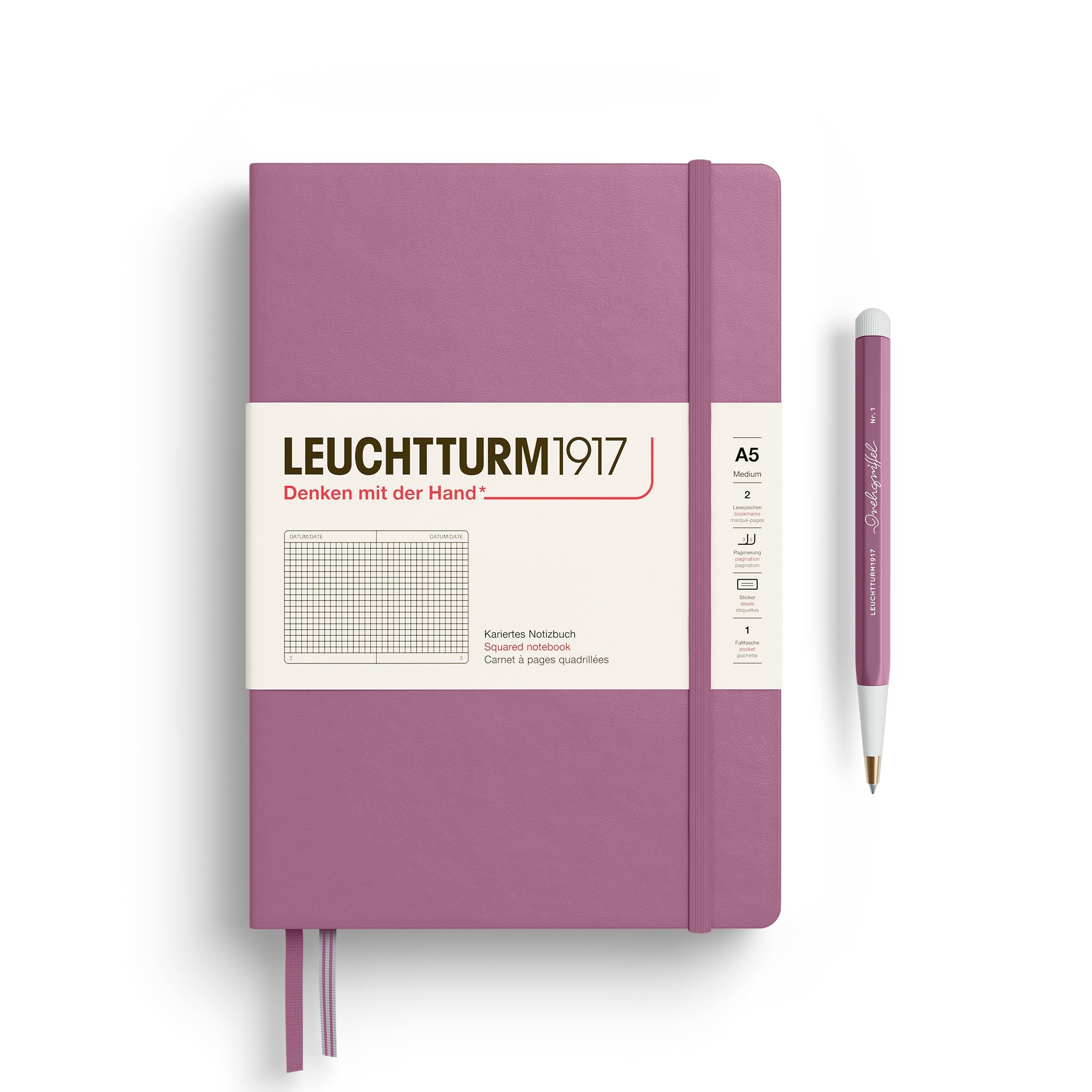 Carnet LEUCHTTURM1917 Classic - A5 - Hardcover - Quadrillé - Dusty Rose -