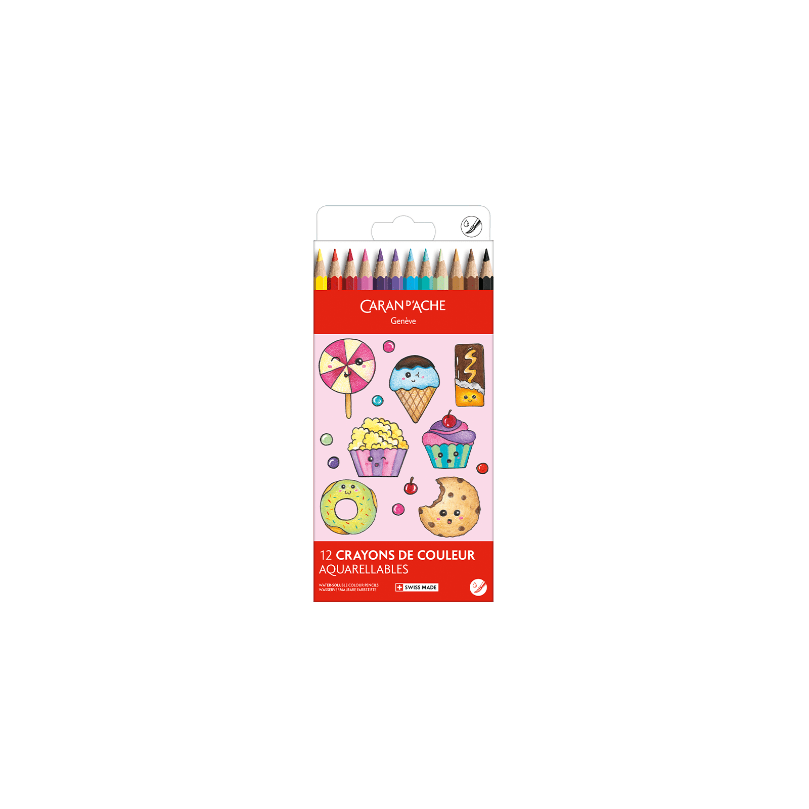 Crayons de couleur aquarellables SWISSCOLOR Aquarelle - Set 12 couleurs Kawaii Candy World - CARAN D'ACHE - 7630002364799