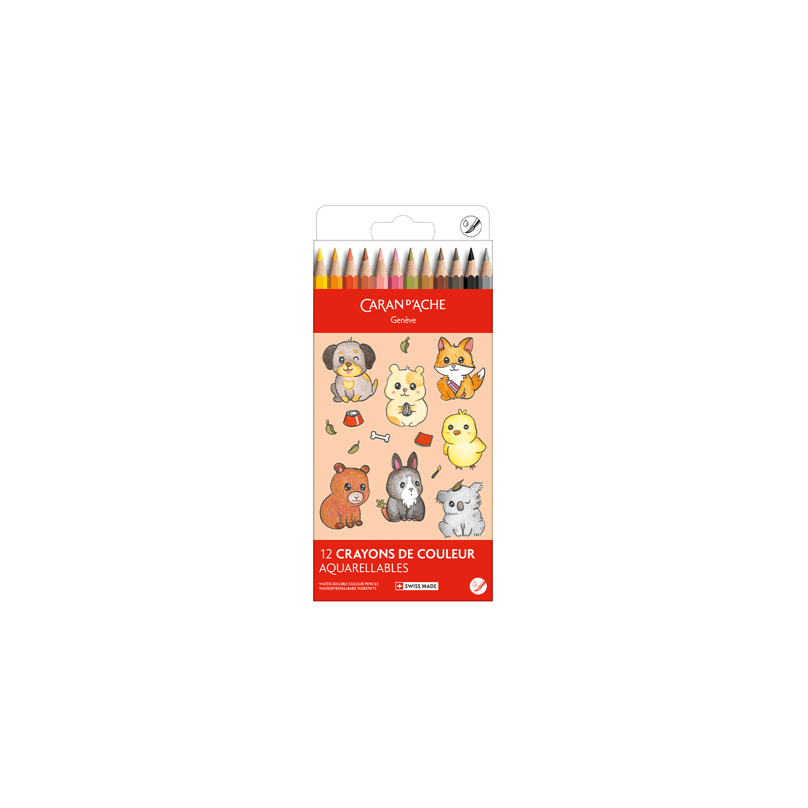 Crayons de couleur aquarellables SWISSCOLOR Aquarelle - Set 12 couleurs Kawaii Cute Animals - CARAN D'ACHE - 7630002364867