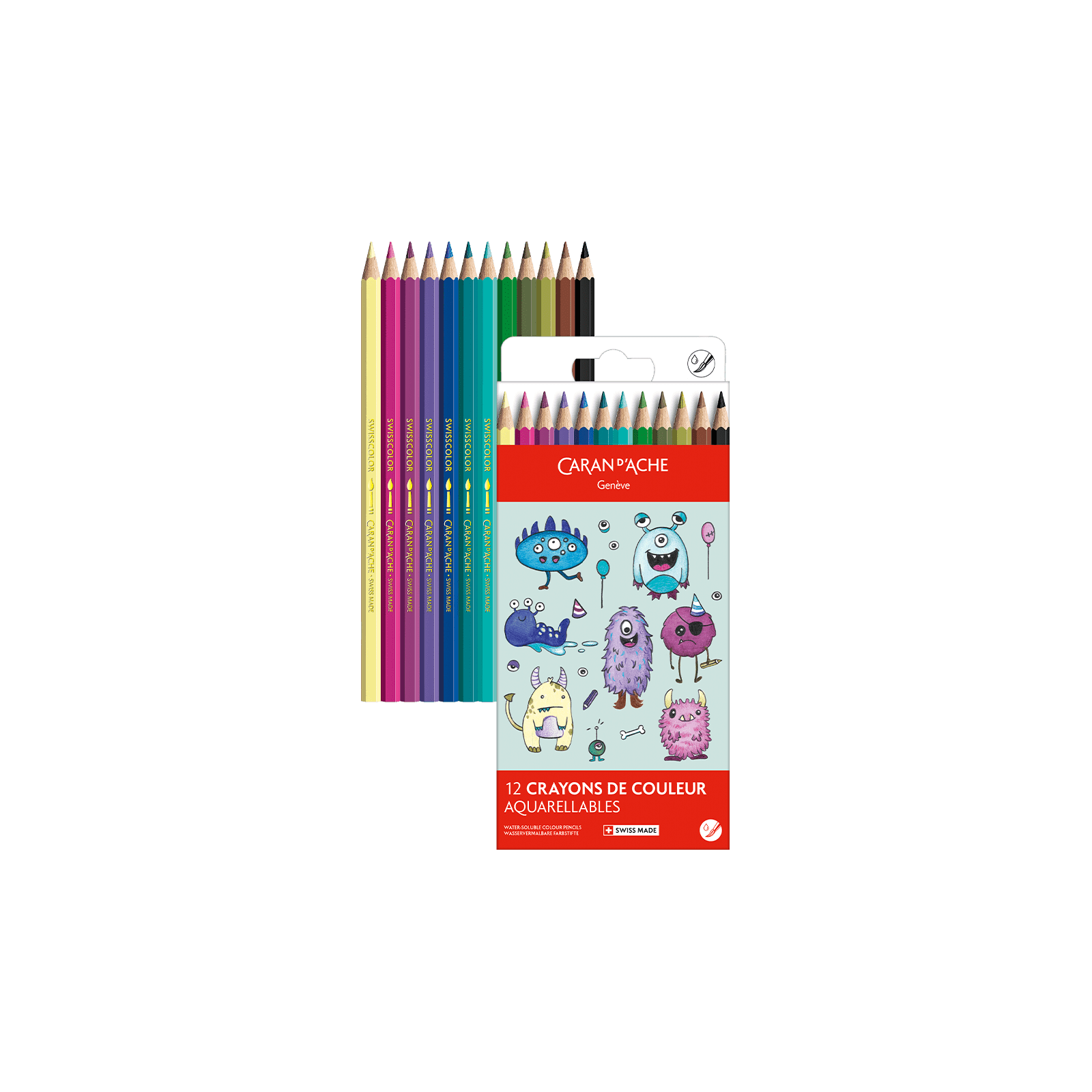 Crayons de couleur aquarellables SWISSCOLOR Aquarelle - Set 12 couleurs Kawaii Funny Monsters - CARAN D'ACHE - 7630002364782