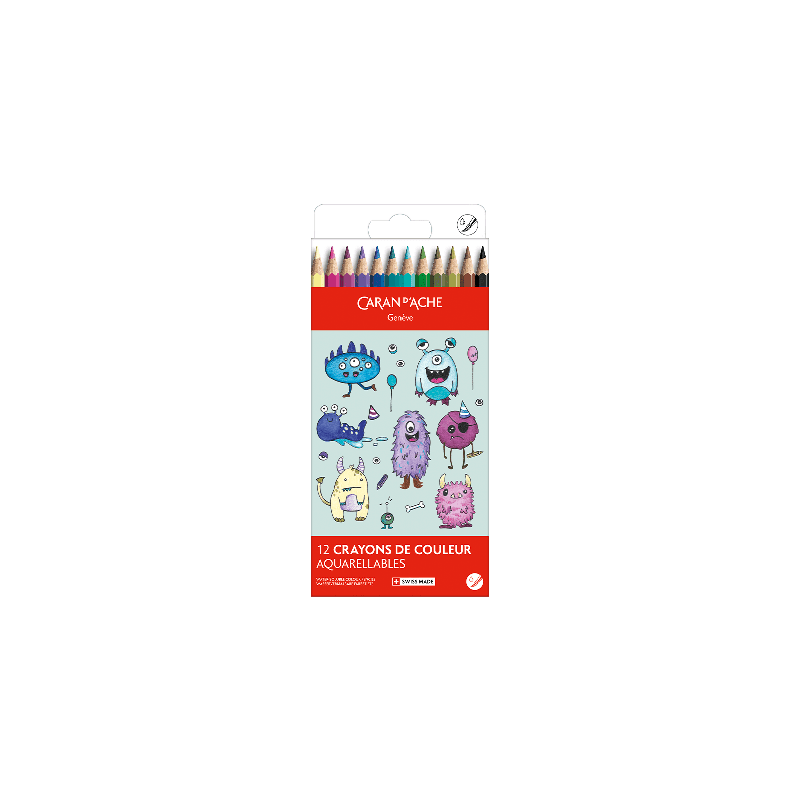 Crayons de couleur aquarellables SWISSCOLOR Aquarelle - Set 12 couleurs Kawaii Funny Monsters - CARAN D'ACHE - 7630002364782