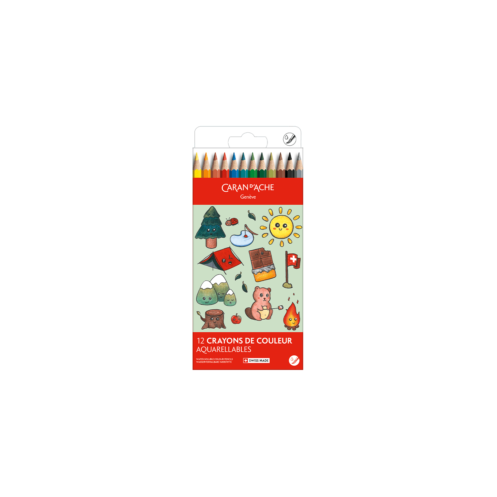 Crayons de couleur aquarellables SWISSCOLOR Aquarelle - Set 12 couleurs Kawaii Swiss Mountains - CARAN D'ACHE - 7630002364874