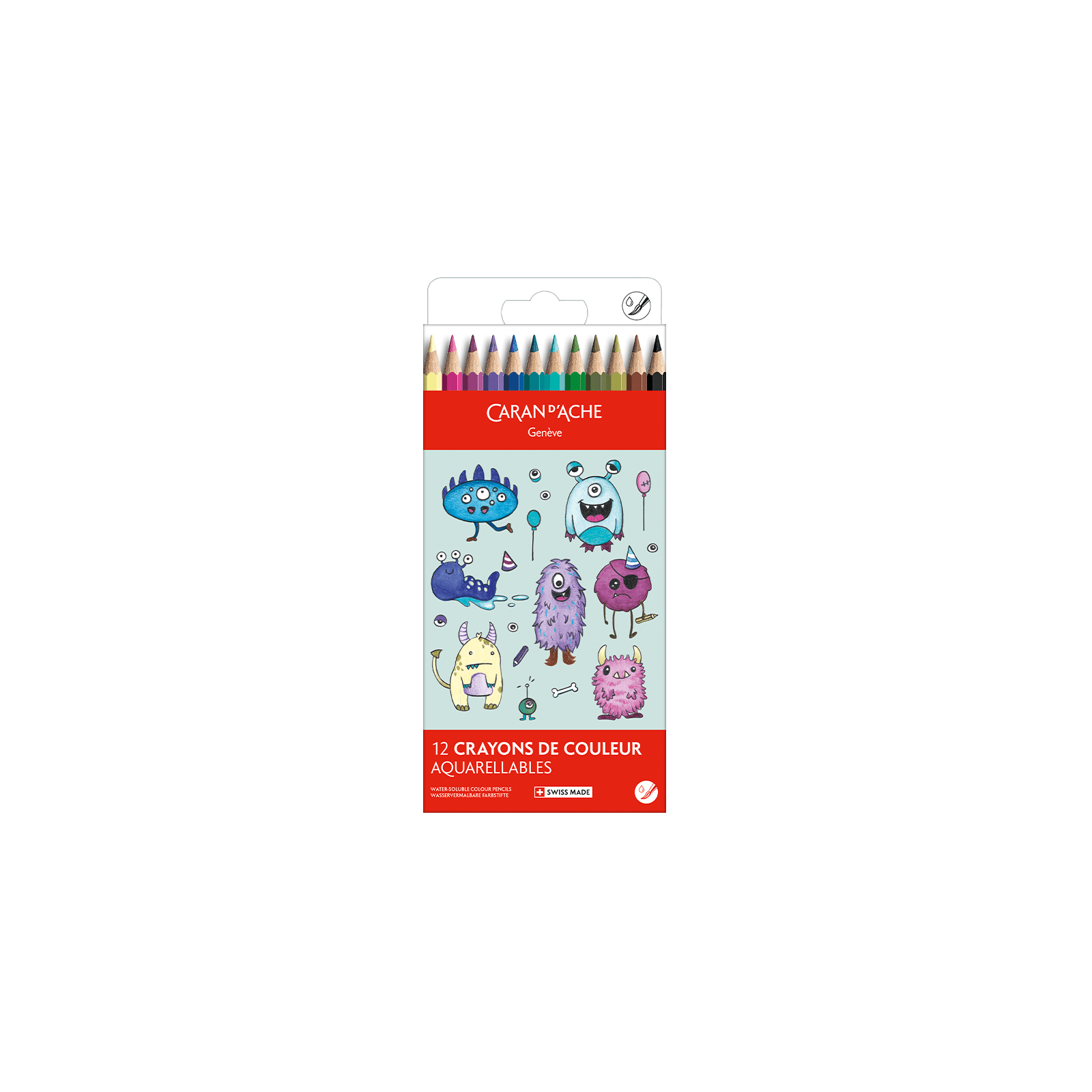 Crayons de couleur aquarellables SWISSCOLOR Aquarelle - Set 12 couleurs Kawaii Funny Monsters - CARAN D'ACHE