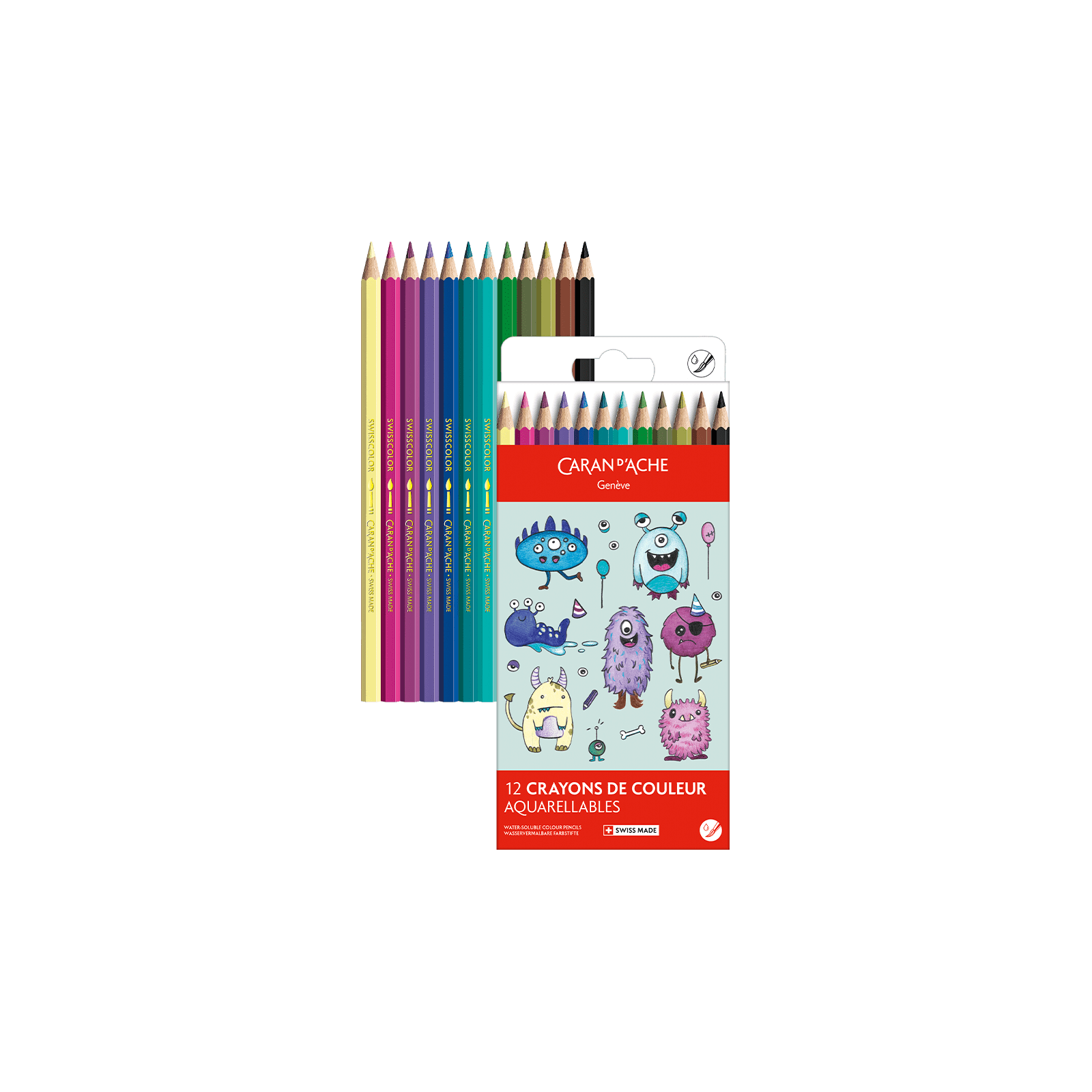 Crayons de couleur aquarellables SWISSCOLOR Aquarelle - Set 12 couleurs Kawaii Funny Monsters - CARAN D'ACHE