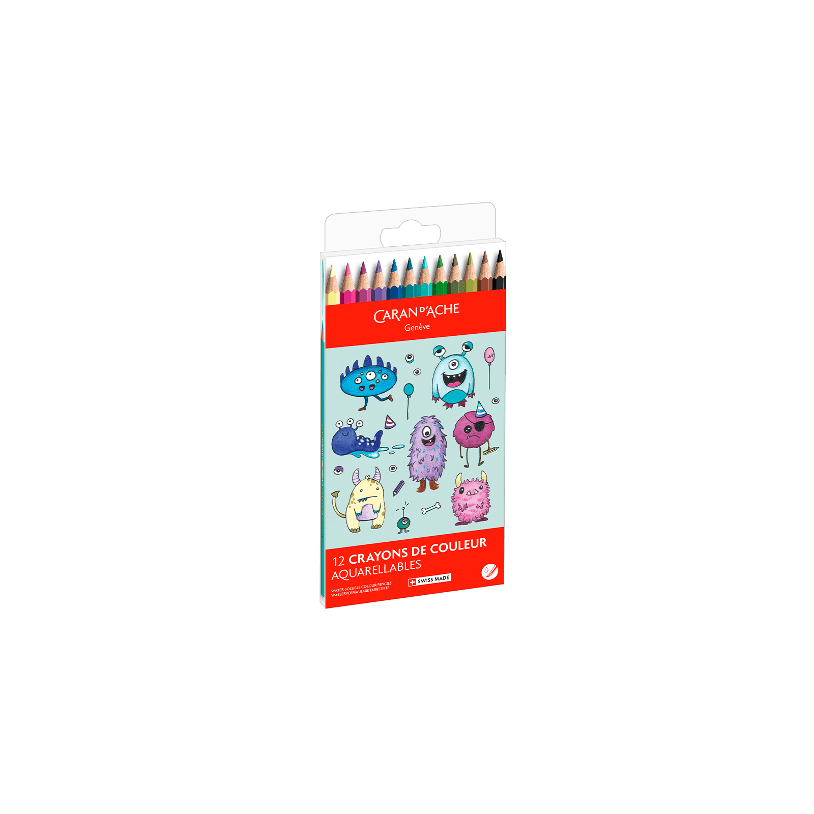 Crayons de couleur aquarellables SWISSCOLOR Aquarelle - Set 12 couleurs Kawaii Funny Monsters - CARAN D'ACHE