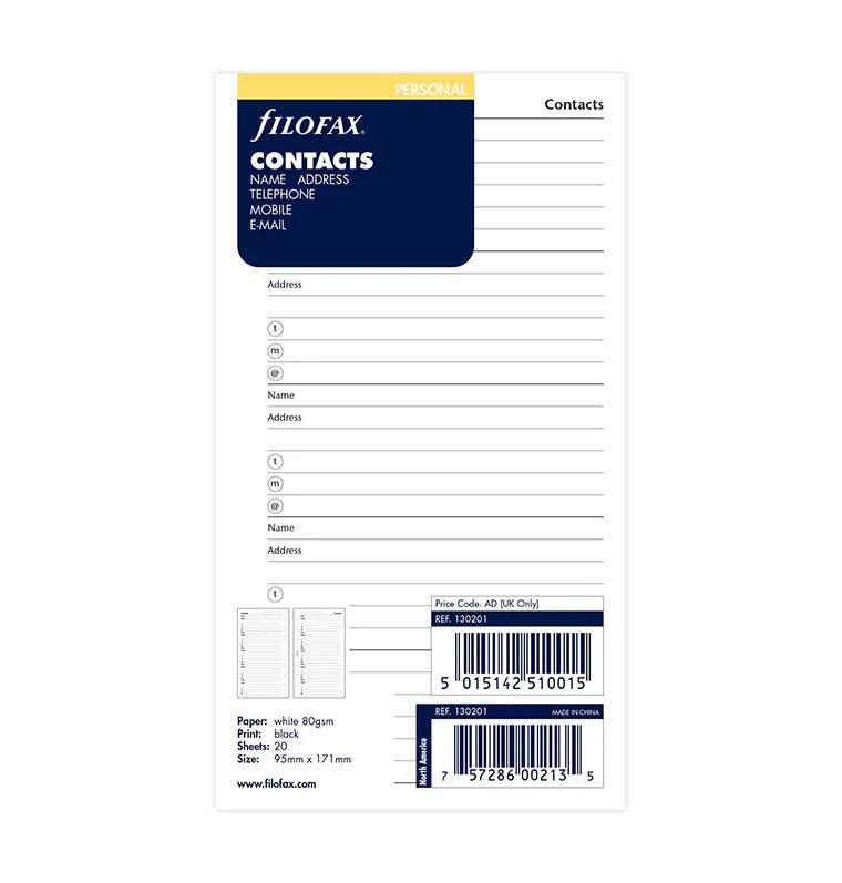 Feuilles de contacts FILOFAX - Blanc - Personal - Personal - 5015142510015