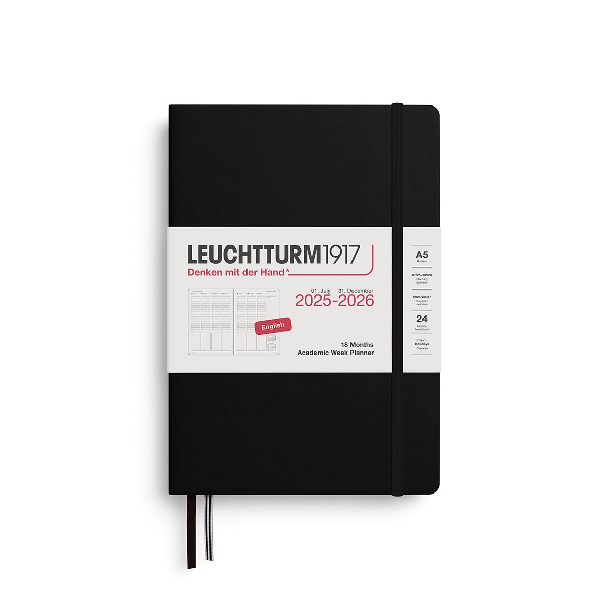 Planificateur Semainier Universitaire 2025 - 2026 (18 mois) LEUCHTTURM1917, Anglais - A5 - Hardcover - Black - 4004117667084