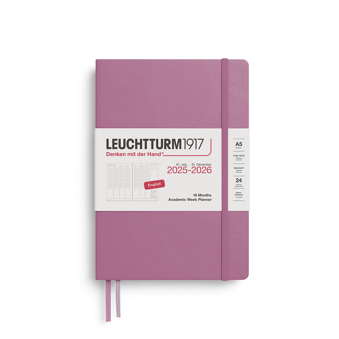 Planificateur Semainier Universitaire 2025 - 2026 (18 mois) LEUCHTTURM1917, Anglais - A5 - Hardcover - Dusty Rose - 4004117667091