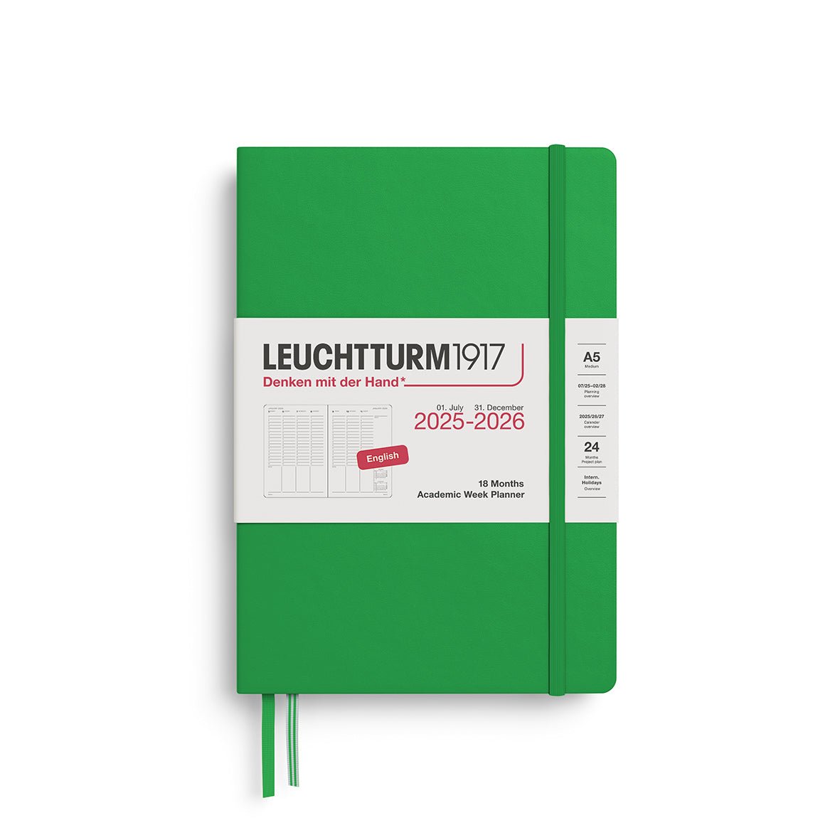 Planificateur Semainier Universitaire 2025 - 2026 (18 mois) LEUCHTTURM1917, Anglais - A5 - Hardcover - Spring Leaf - 4004117667114