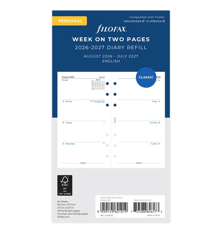Recharge agenda 2026 - 2027 FILOFAX - Personal - Semaine sur deux pages (anglais) - 5059145621019
