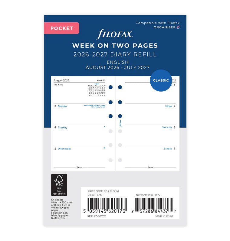 Recharge agenda 2026 - 2027 FILOFAX - Pocket - Semaine sur deux pages (anglais) - 5059145620173