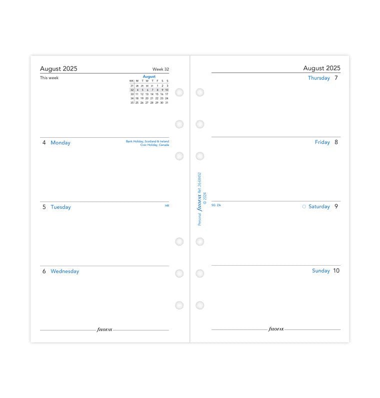 Recharge agenda FILOFAX 2025 - 2026 - Personal - Semaine sur deux pages (anglais) - 5059145596973