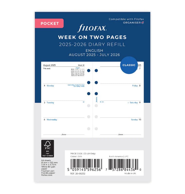 Recharge agenda FILOFAX 2025 - 2026 - Pocket - Semaine sur deux pages (anglais) - 5059145596256