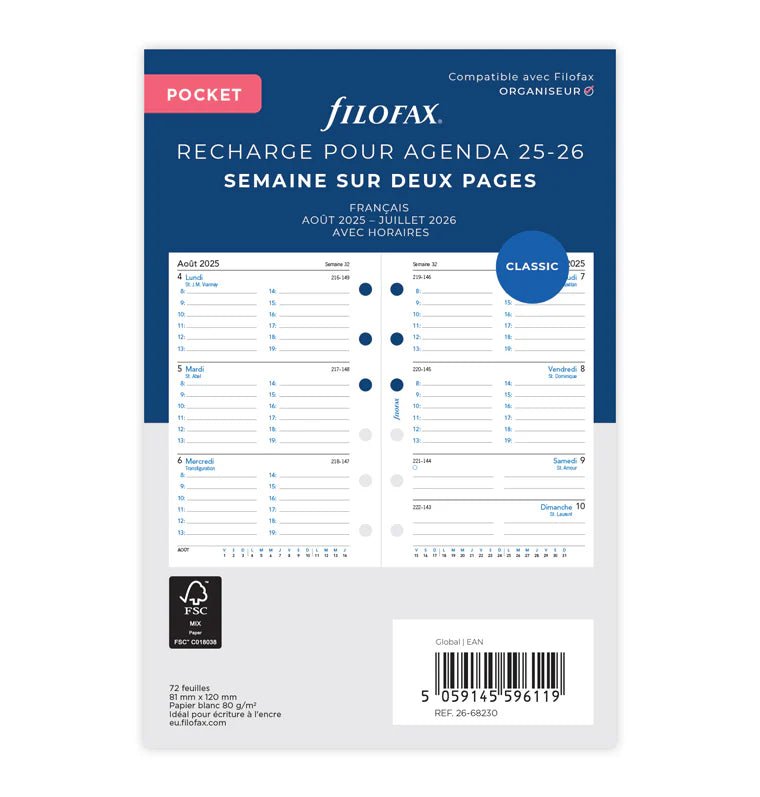 Recharge agenda FILOFAX 2025 - 2026 - Pocket - Semaine sur deux pages (français) - 5059145596119