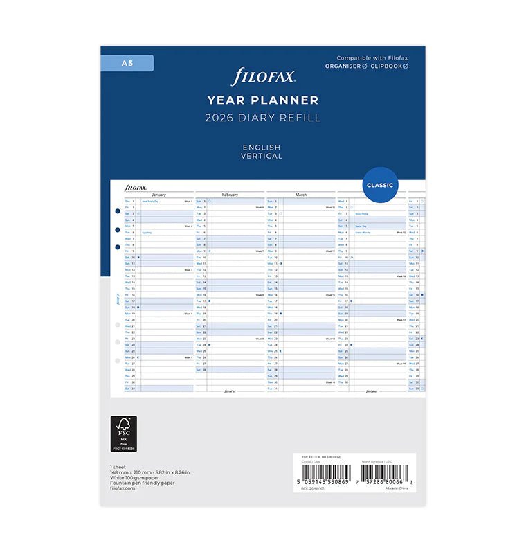 Recharge agenda FILOFAX 2026 - A5 - Planning annuel vertical (anglais) - 5059145550869