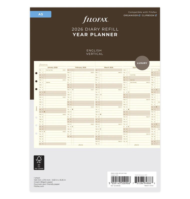 Recharge agenda FILOFAX 2026 - A5 - Planning annuel vertical (anglais) - 5059145550906
