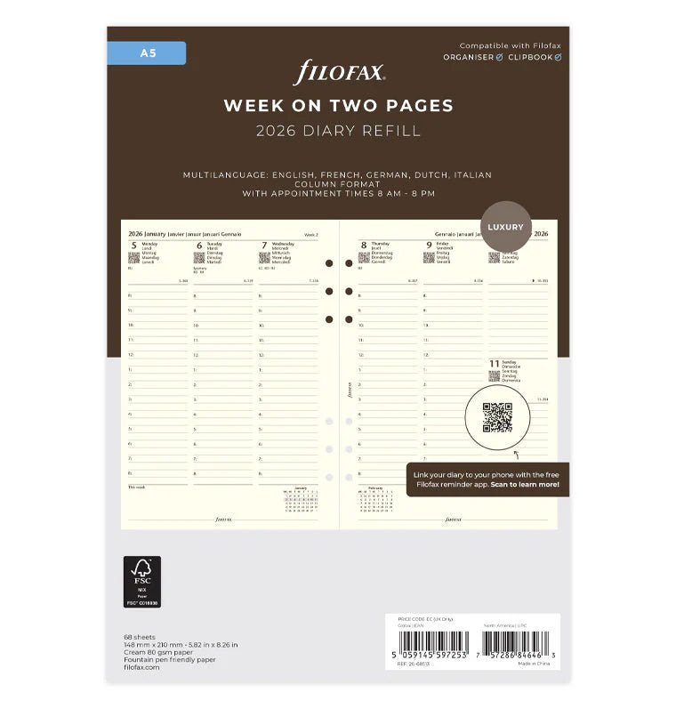 Recharge agenda FILOFAX 2026 - A5 - Semaine sur deux pages (multilingue) - 5059145597253