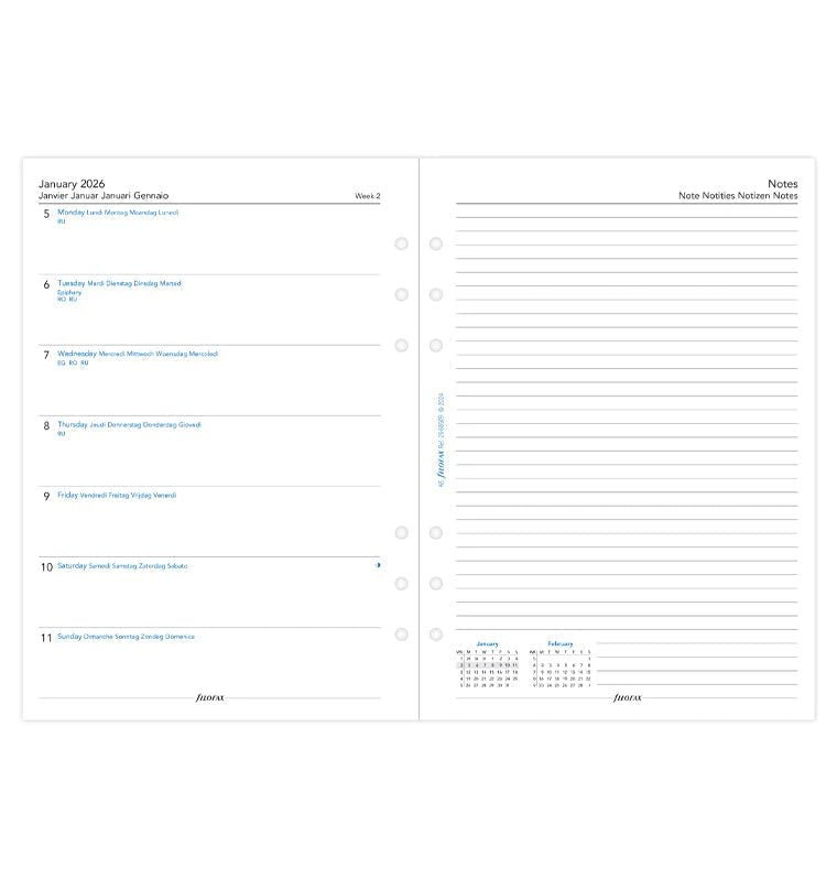Recharge agenda FILOFAX 2026 - A5 - Semaine sur une page + page de notes (multilingue) - 5059145597215