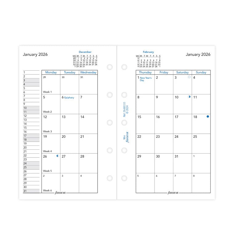 Recharge agenda FILOFAX 2026 - Mini - Mois sur deux pages (anglais) - 5059145595778