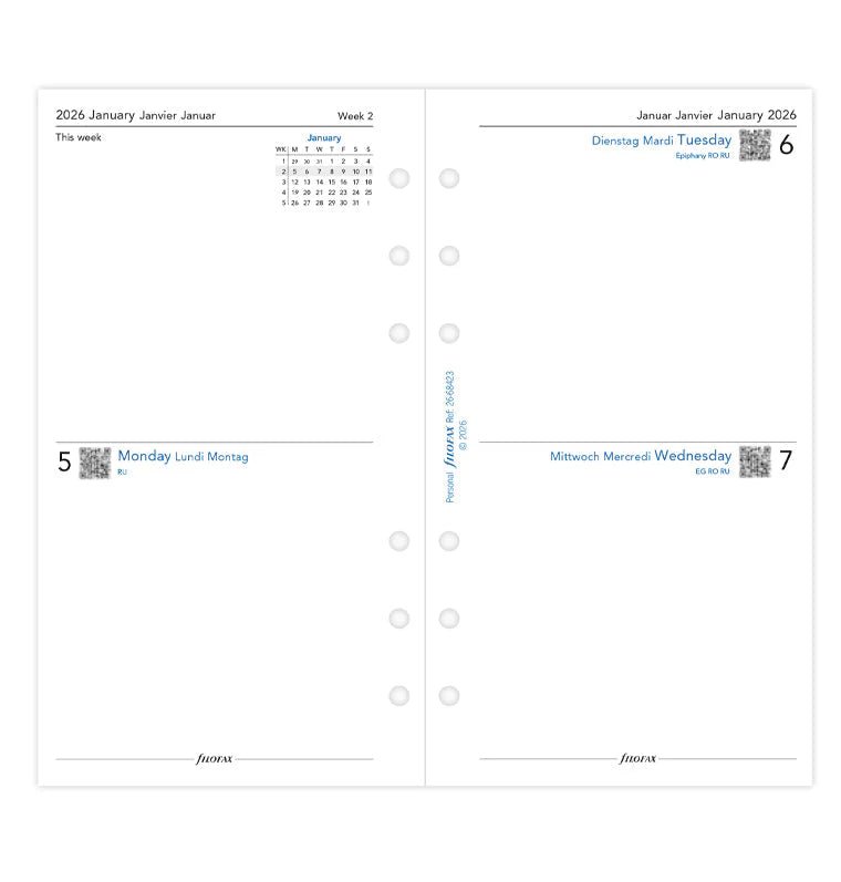 Recharge agenda FILOFAX 2026 - Personal - Deux jours par page (multilingue) - 5059145596614