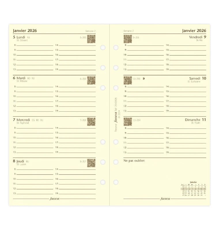 Recharge agenda FILOFAX 2026 - Personal - Semaine sur deux pages (français) - 5059145596737