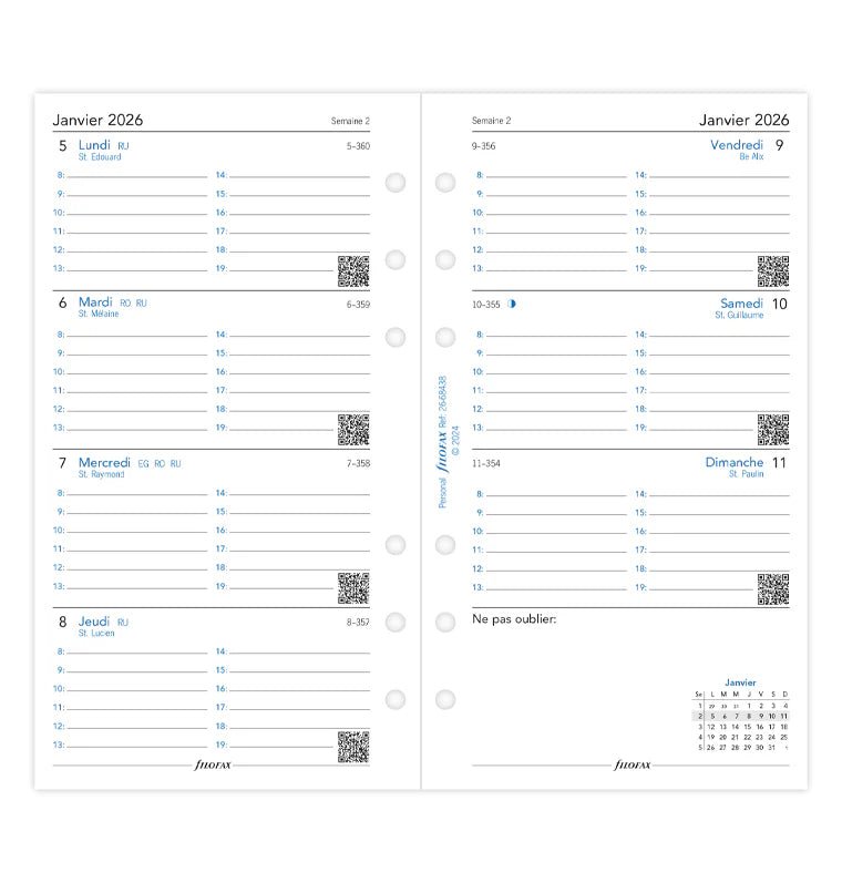 Recharge agenda FILOFAX 2026 - Personal - Semaine sur deux pages (français) - 5059145596799