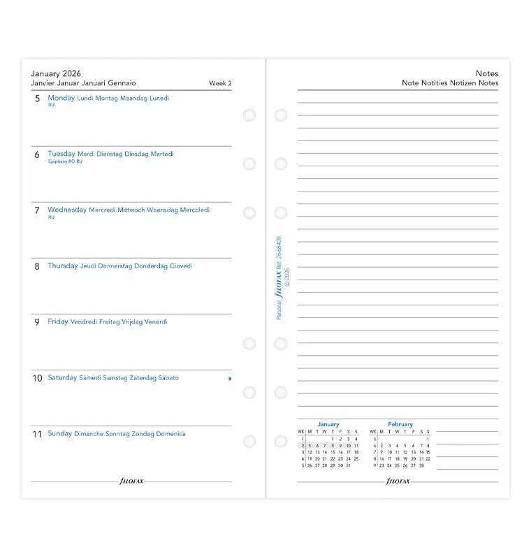 Recharge agenda FILOFAX 2026 - Personal - Semaine sur une page + page de notes (multilingue) - 5059145596454