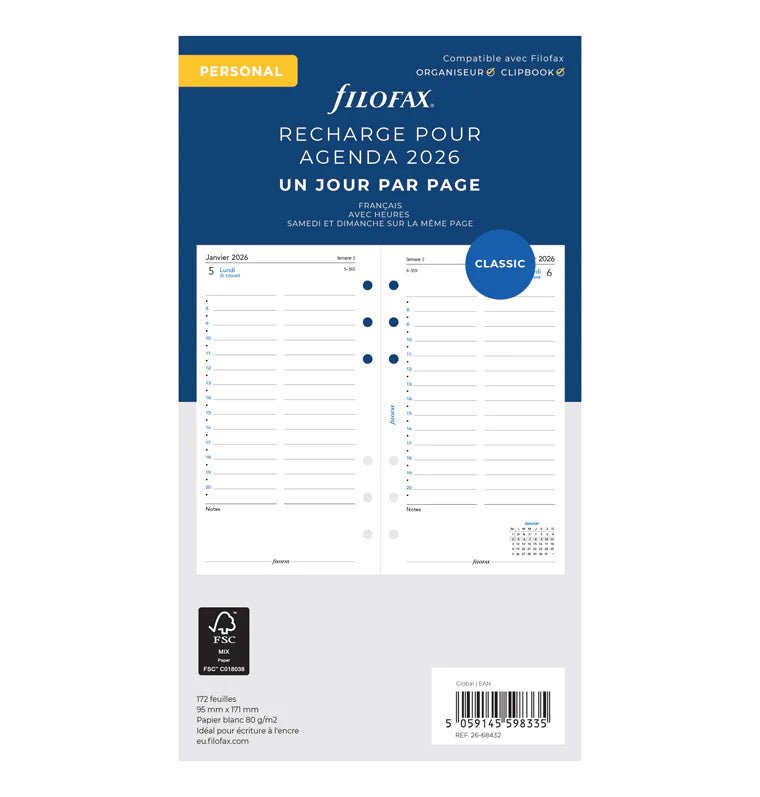 Recharge agenda FILOFAX 2026 - Personal - Un jour par page (français) - 5059145598335