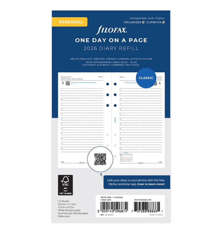 Recharge agenda FILOFAX 2026 - Personal - Un jour par page (multilingue) - 5059145596874