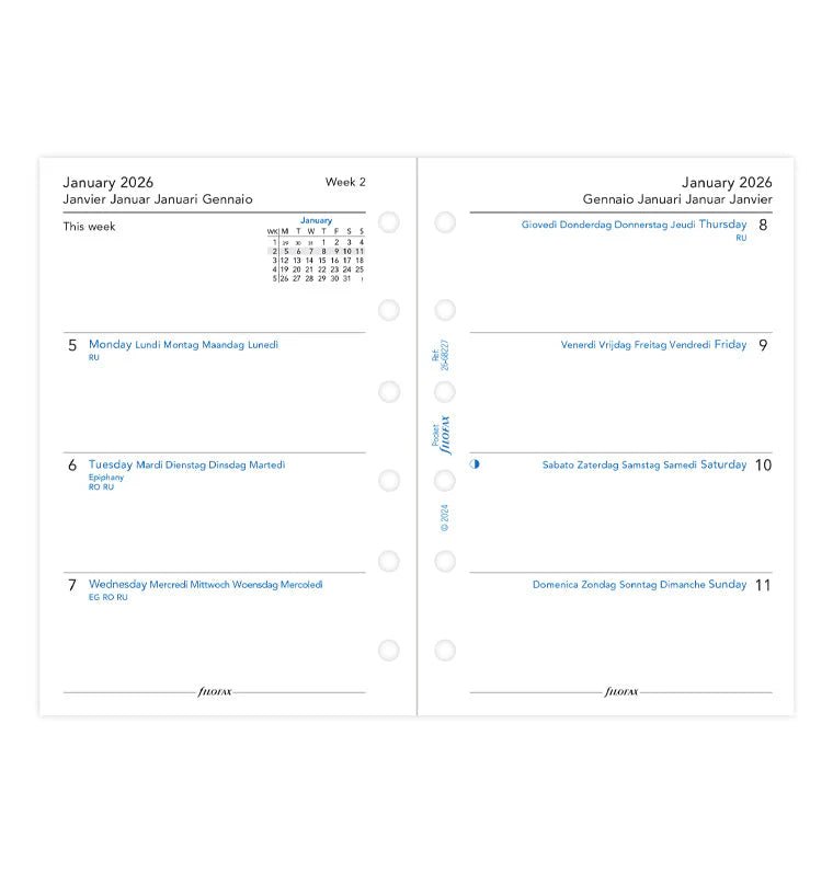 Recharge agenda FILOFAX 2026 - Pocket - Semaine sur deux pages (multilingue) - 5059145596096