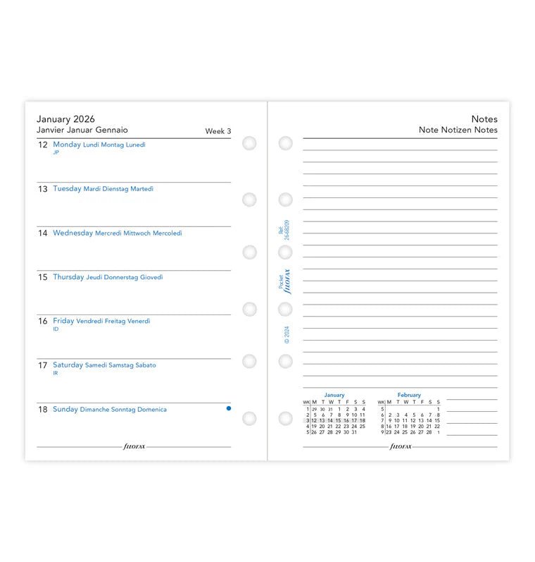 Recharge agenda FILOFAX 2026 - Pocket - Semaine sur une page + page de notes (multilingue) - 5059145595952