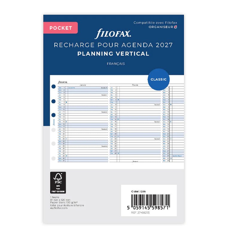 Recharge agenda FILOFAX 2027 - Pocket - Planning annuel vertical (français) -