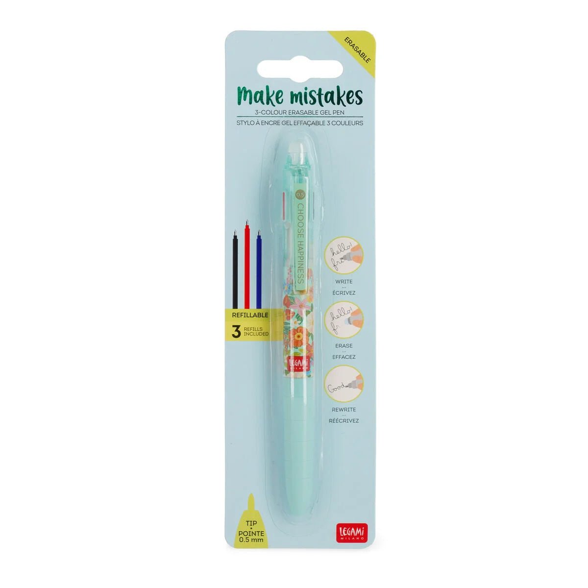 Stylo LEGAMI à encre gel effaçable 3 couleurs - Happy Flowers - 8051128758092