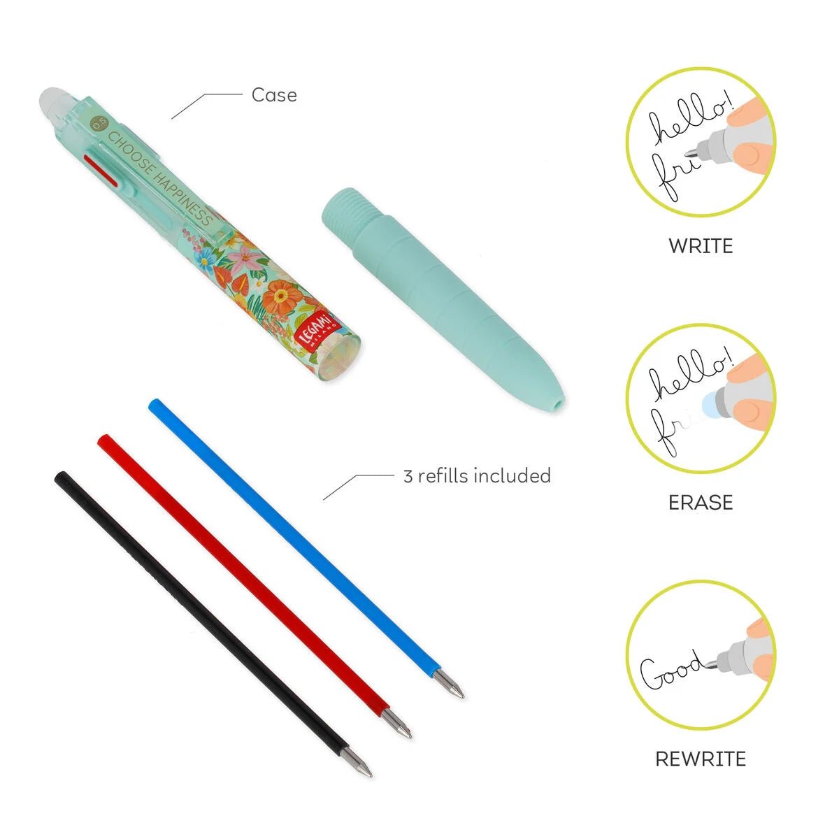 Stylo LEGAMI à encre gel effaçable 3 couleurs - Happy Flowers - 8051128758092