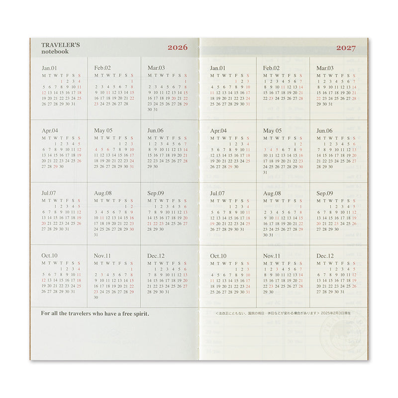 TRAVELER'S notebook - agenda semainier 2026 avec notes (regular size)