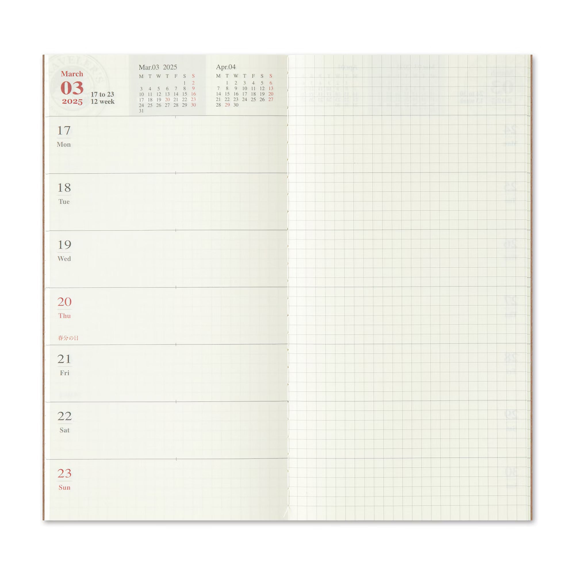 TRAVELER'S notebook - agenda semainier 2025 avec notes (regular size) - TN Regular size - 1 semaine + notes -